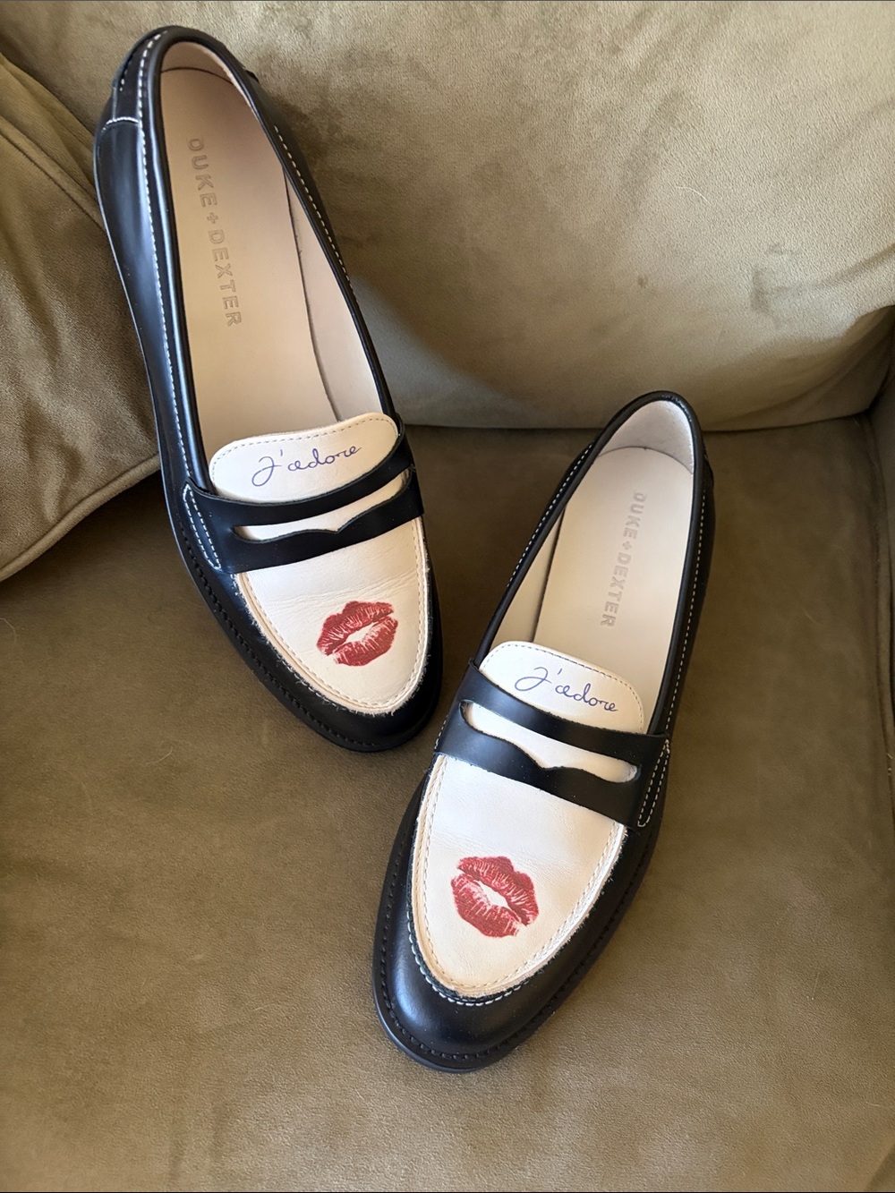 Duke & Dexter Women's Black and White Leather Loafers with Red Lip Accent